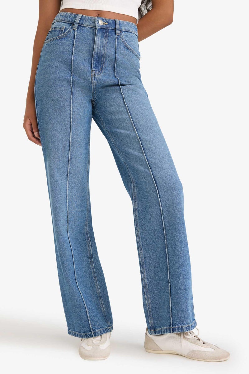 DeFacto Blue Woman 90's Wide Leg High Waist Straight Leg Jeans Casual - Image 5
